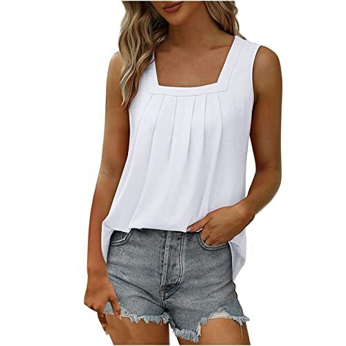 2023 Debardeur Femme Col Carré T-Shirt sans Manches Plissé Haut Fluide éTé Chic Gilet De Plage Fitness Doux Confortables Yoga Jogging Tank Top Debardeur Fille Couleur Unie Décontracté Tops