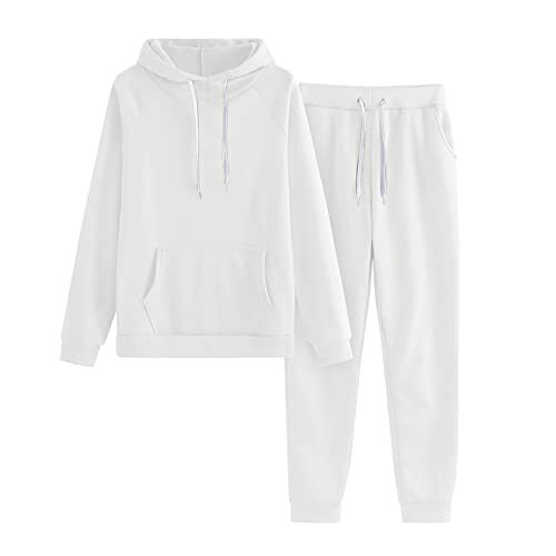 2023 – Survêtement de sport pour femme – Sweat à capuche et pantalon – Couleur unie, blanc, S