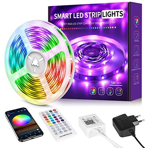 Beaeet Ruban Led 5m, Led Chambre Multicolore Bande Led 5050 Rgb Lumiere Led, Bandeau Led avec TéLéCommande, Bluetooth App pour ContrôLer la Ruban Led en Synchronisation avec la Musique