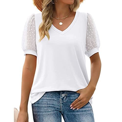 BKEPDY Chemise Femme Col V Chemisier Dentelle Chic et Élégant Tee Shirt Vintage Manche Courtes Blouse Bouffantes Décontracté Tunique Loose Haut Femme d’été à Manches Courtes pour Femme (Blanc XL)