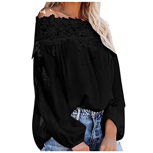 Dasongff Blouses Femme Bohème Patchwork Dentelle Chemise à Manches Longues Épaules Dénudées Tops Femme Manches Bouffantes Couleur Unie Tee Shirt Chic Élégant Tunique Haut