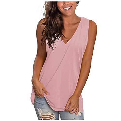 Débardeur Femme Grande Taille sans Manches Haut Femme Sexy Chic Coton Couleur Unie Col en V Gilet à Bretelles évasée Cami Top Femme Été T-Shirt Chemise Exercice Yoga Shirt