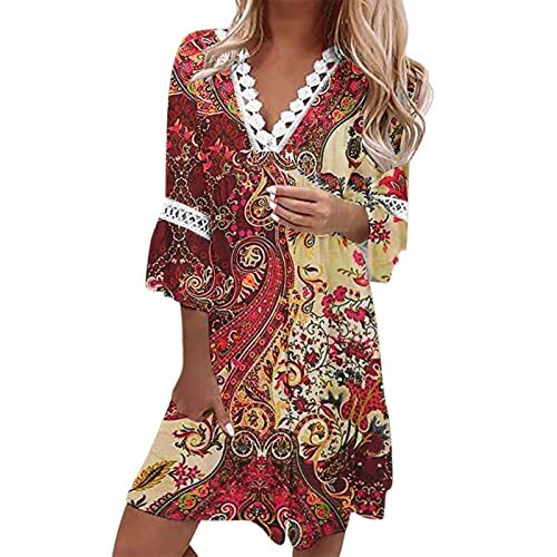 Générique Mini Robe Femme Manche 3/4 Manches éVaséEs Col en V Robe en Dentelle Couleur D’éPissure Casual Robe De Plage éLasticité 2023 Mode Chic Et Elegant