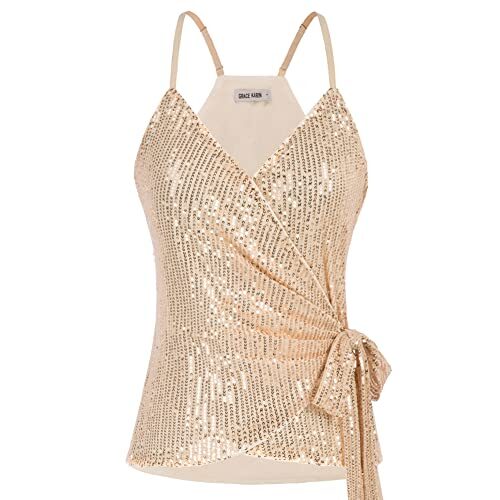 GRACE KARIN Débardeur spaghetti pour femme – Col en V – Paillettes – Col en V – Avec nœud – Camisole – Pour fête – CL1460A22LSQ, Champagne sur paillettes, M