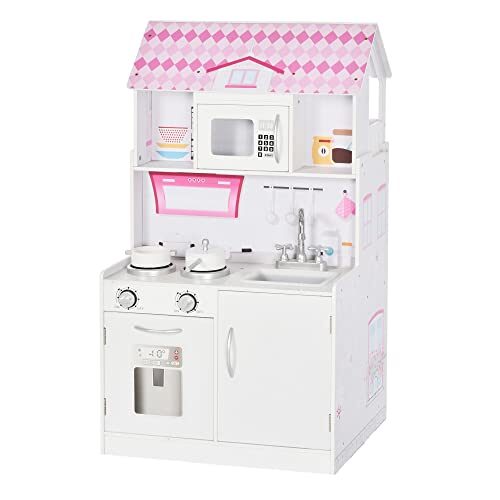 HOMCOM Cuisine Bois Jeu d’imitation – Maison de poupée Cuisine Enfant 2 en 1 – Nombreux Accessoires & rangements Inclus – MDF pin Rose Blanc