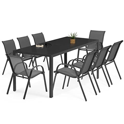 IDMarket – Salon de Jardin Madrid Table 190 CM et 8 chaises empilables Gris Anthracite