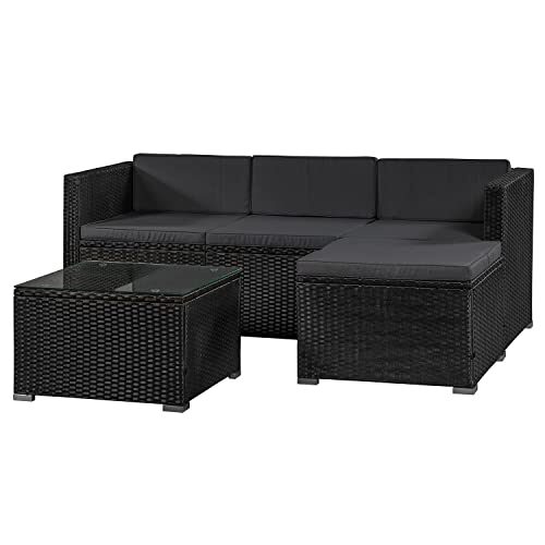 Juskys Salon de Jardin en polyrotin Lounge Punta Cana M, résistant aux intempéries – avec canapé 3 Places, Tabouret, Table & Coussins 3-4 Personnes – Ensemble de Meubles de Jardin Noir/Gris