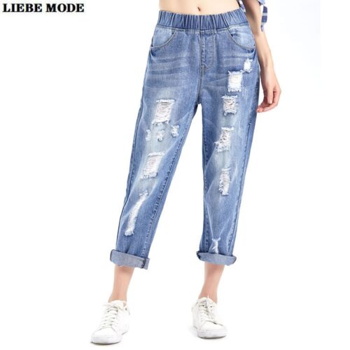 Large Size Women’s Mom Pants Boyfriend Casual Elastic Waist Loose Ripped Harem Jeans Women Oversize Ankle Denim Trousers 7XL 8XL