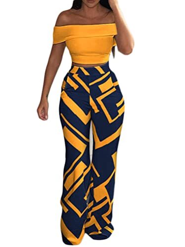 Minetom Femme 2 Pièces Vêtement Elégant Épaules Dénudées Imprimé Floral Haut Crop Top et Pantalon Survêtement Ensemble 2pcs A Jaune XL