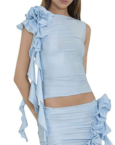 Onsoyours Y2k Tube Top Femme Été Fleurs 3D Haut Dos Nu Sexy Ruffles sans Manches Débardeur en Maille Transparente Crop Tank Tops Streetwear G Bleu M