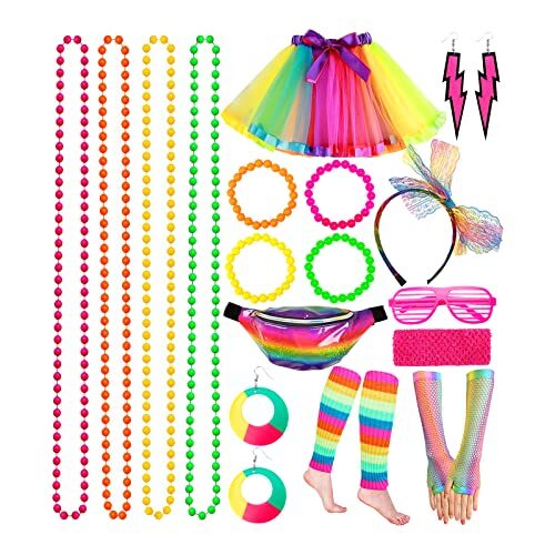 Purpledi 21PCS Déguisement Année 80 Accessoire Femme, 80s Disco Costume Vetement Fête, Jambières, Tutu Fluo, Sac Banane Néon