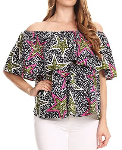 Sakkas 2162 – Imani Colorful Wax Africaine Ankara Off-épaule Blouse Top Gorgeous – Noir Multi/étoiles – OS