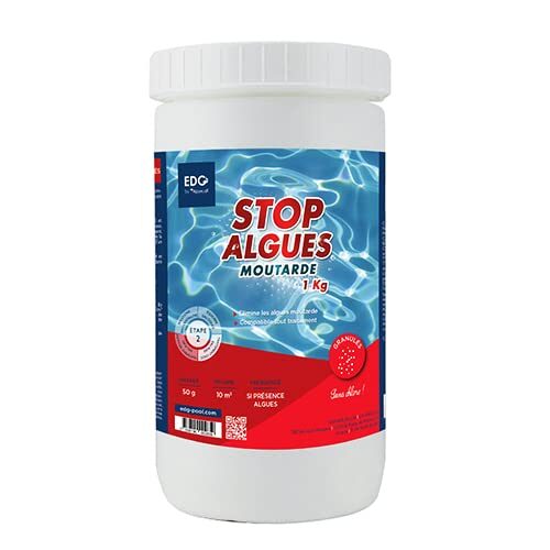 Stop Algues Moutarde pour Piscine – Spécial Anti Algues Jaune – Super Concentré – Solution Ciblée – Double Fonction Préventif Curatif – Idéal Après Pluie Sableuse – Pot 1kg – Poudre