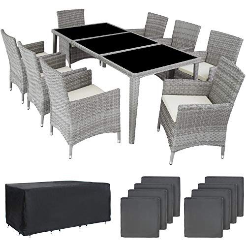 TecTake Salon de Jardin en Aluminium résine tressée Poly rotin Table | 8 fauteuils | Deux Set de Housses + Habillage Pluie Inclus | -diverses Couleurs au Choix- (Gris Clair | No. 403752)