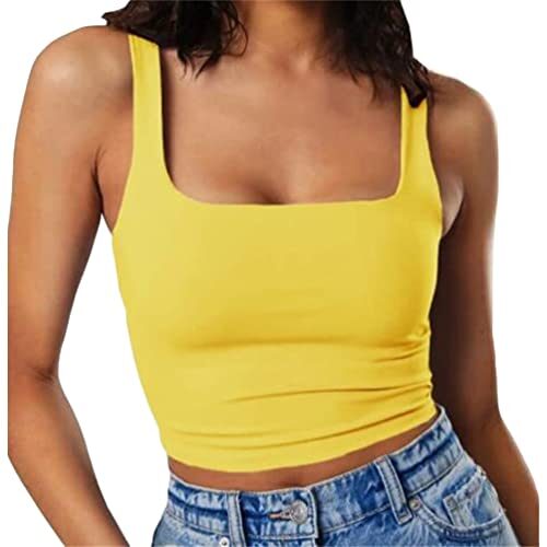 Tomwell Femme Débardeur Crop Top Sexy Crop Tank Tops Col Carré Camisole Top Crop sans Manches Haut Court Tank Top Blouse pour Femme Fille Été Yoga Fitness Sport Haut A Jaune S