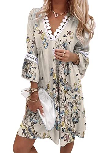 Tomwell Robe à Fleurs Femme Été à Manche Longues Robes en Dentelle Elegante Boho Robe A-Line Plissées Robe de Plage Ample Mode Col V Robe de Soirée Plage Casual Club Vacances Beige M