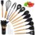 Ustensiles de Cuisine en Silicone, hicoosee 22 PCS Accessoire Cuisine Set sans BPA, Kit d’Ustensiles de Bois, Antiadhésive Set avec Pot de Rangement, Noir