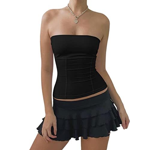 XIXIMAON Bandeau Tube Top Femme Haut Court Dos Nu T-Shirt Sexy Caraco sans Bretelles Débardeur sans Manches Y2K Crop Top Bustier Couleur Unie (Noir, S)