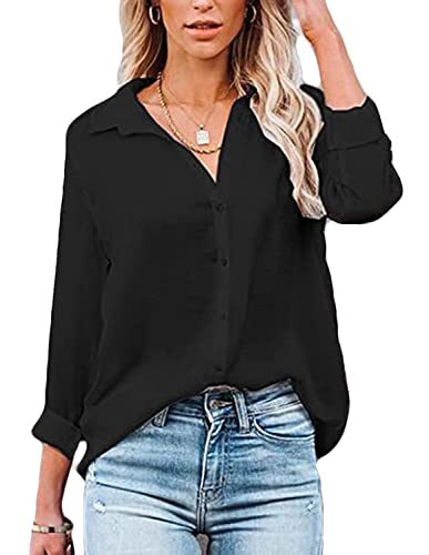 Yutdeng Chemisier Femme Élégant à Manches Longues Plaine Tops Amples Blouses Col en V avec Boutons Chemise de Casual Travail Chic Haut Lâche Tunique Mode Fluide